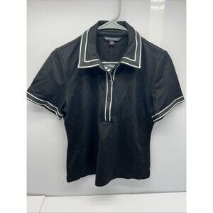 Boston Proper Black Polo Type Fitted White Stripes Women SZ M NWOT Extra Buttons